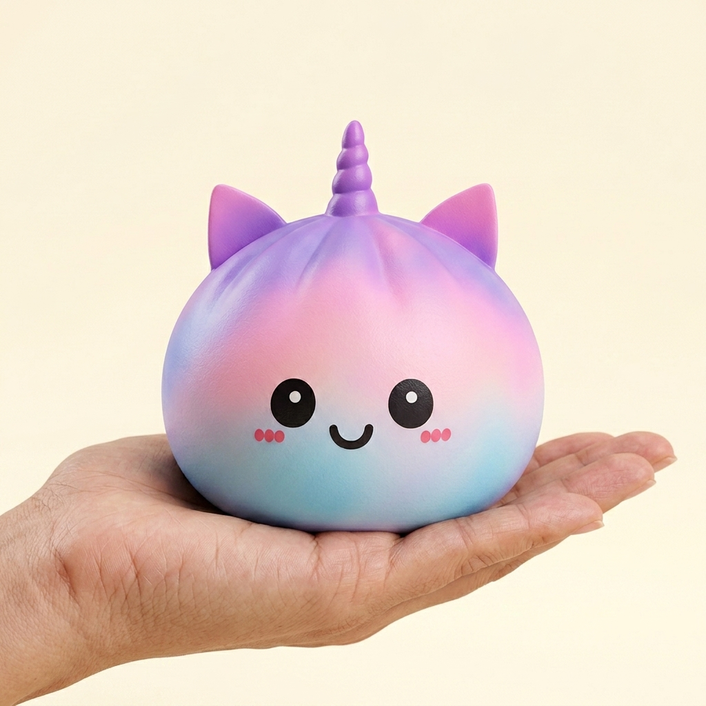 Jumbo Dumpling Squishy Jednorożec Rainbow w dłoni — porównanie rozmiaru
