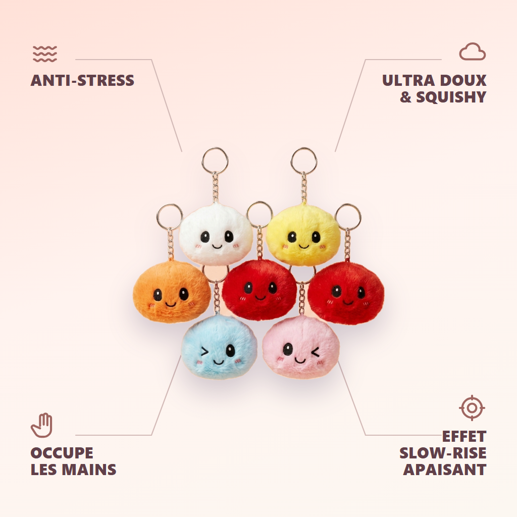 Dumpling Squishy Brelok Zestaw 6 szt. infografika: najważniejsze zalety