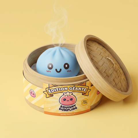 Squishy Dumpling Niebieski Gigant Jumbo w bambusowym koszyku