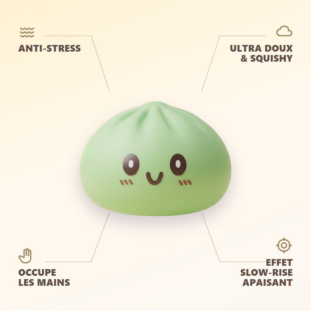 Squishy Dumpling Zielony XXL Jumbo infografika: najważniejsze zalety