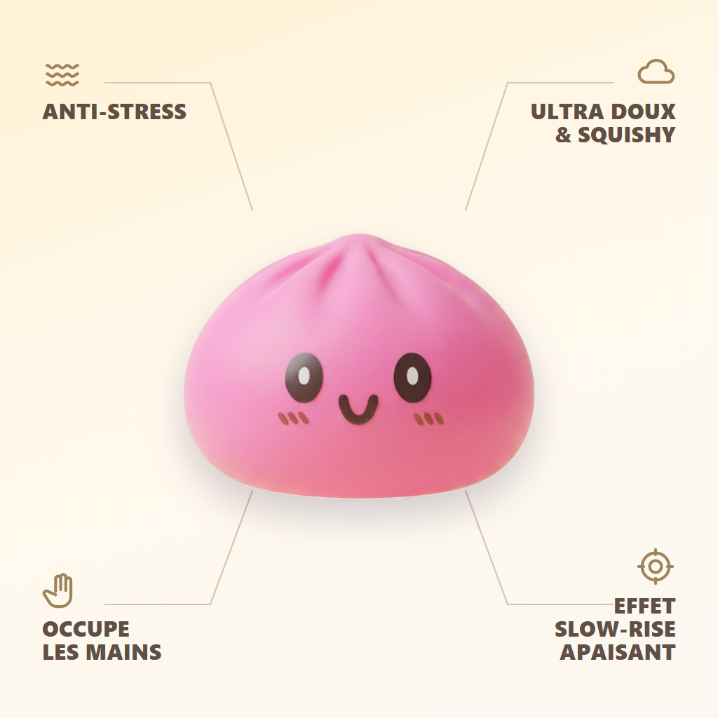 Dumpling Squishy Giant Różowy 15 cm infografika: najważniejsze zalety