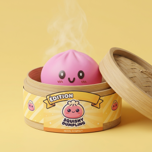 Dumpling Squishy Giant Różowy 15 cm w bambusowym koszyku