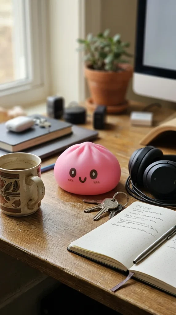 Dumpling Squishy Giant Różowy 15 cm na biurku