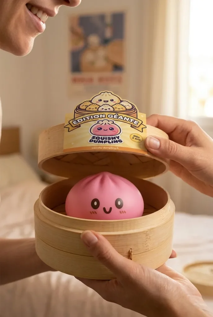 Dumpling Squishy Giant Różowy 15 cm podczas rozpakowywania