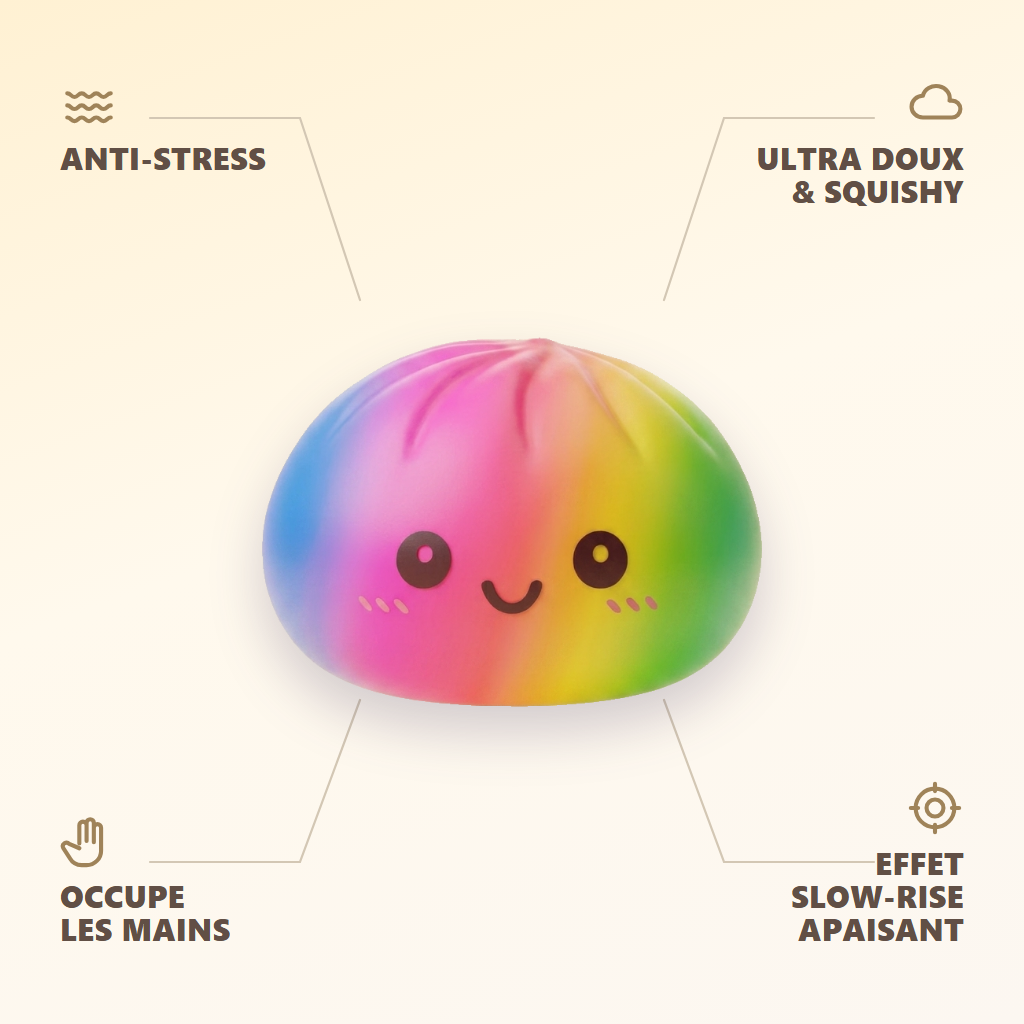 Rainbow Dumpling Squishy XXL Tęczowy Gigant infografika: najważniejsze zalety