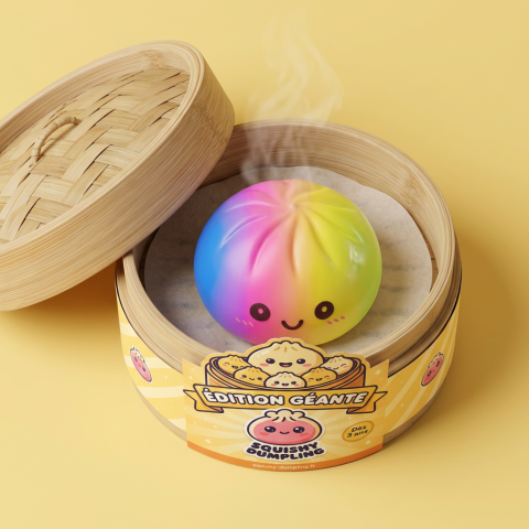 Rainbow Dumpling Squishy XXL Tęczowy Gigant w bambusowym koszyku