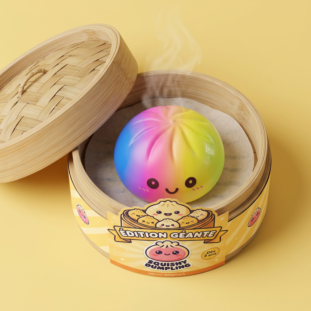 Rainbow Dumpling Squishy XXL Tęczowy Gigant w bambusowym koszyku