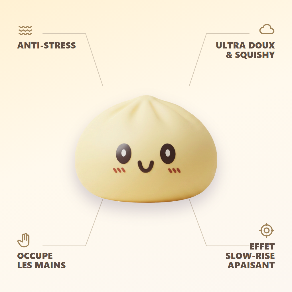 Squishy Dumpling Żółty XXL Jumbo infografika: najważniejsze zalety