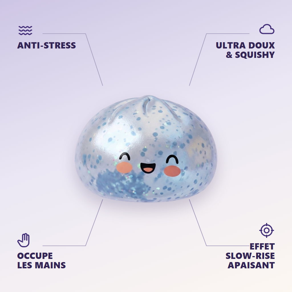 Dumpling Squishy Sparkle Lodowy Błękit infografika: najważniejsze zalety
