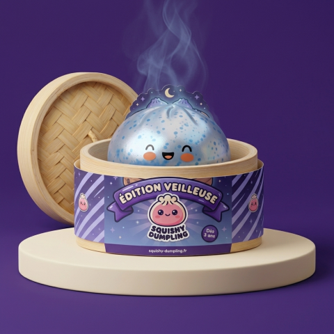 Dumpling Squishy Sparkle Lodowy Błękit w bambusowym koszyku
