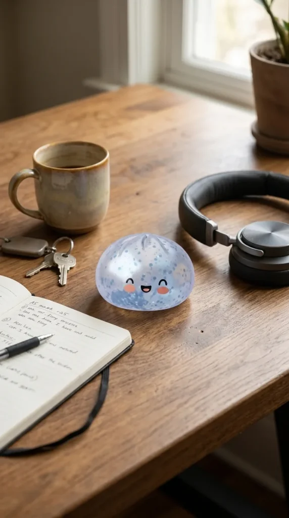 Dumpling Squishy Sparkle Lodowy Błękit na biurku