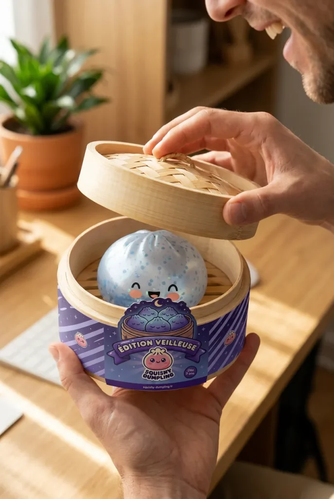Dumpling Squishy Sparkle Lodowy Błękit podczas rozpakowywania