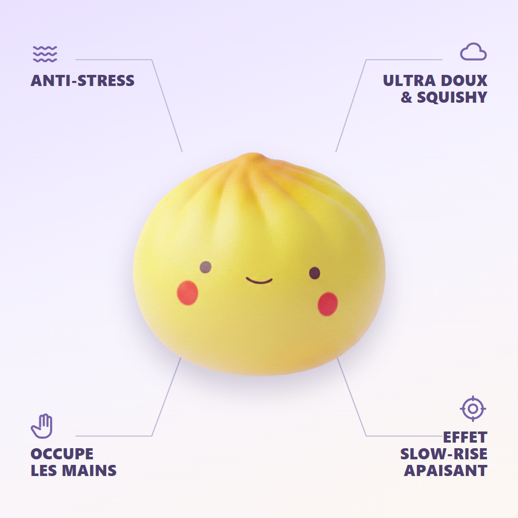 Dumpling Squishy Blind Box Mini 24 szt. infografika: najważniejsze zalety
