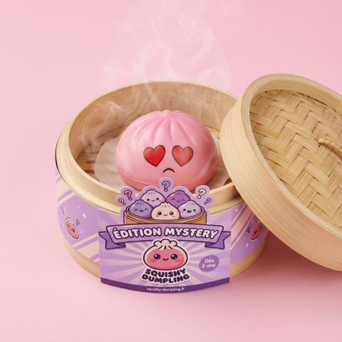 Mini Dumpling Squishy Kawaii – Zestaw 3x Niespodzianka w bambusowym koszyku