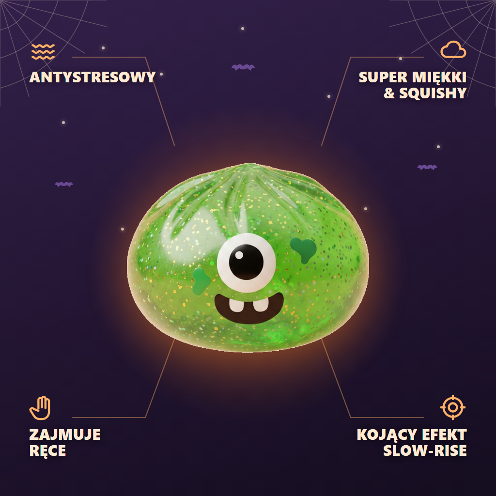 Squishy Dumpling Monster Halloween Zielony Brokat infografika: najważniejsze zalety