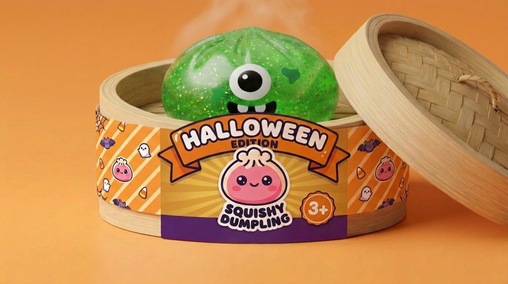Squishy Dumpling Monster Halloween Zielony Brokat w bambusowym koszyku