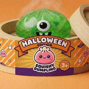 Squishy Dumpling Monster Halloween Zielony Brokat w bambusowym koszyku