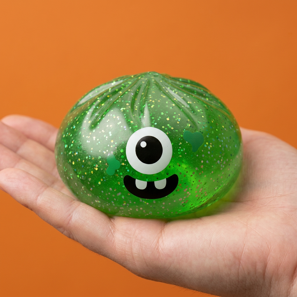 Squishy Dumpling Monster Halloween Zielony Brokat w dłoni — porównanie rozmiaru
