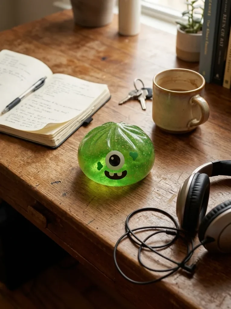 Squishy Dumpling Monster Halloween Zielony Brokat na biurku