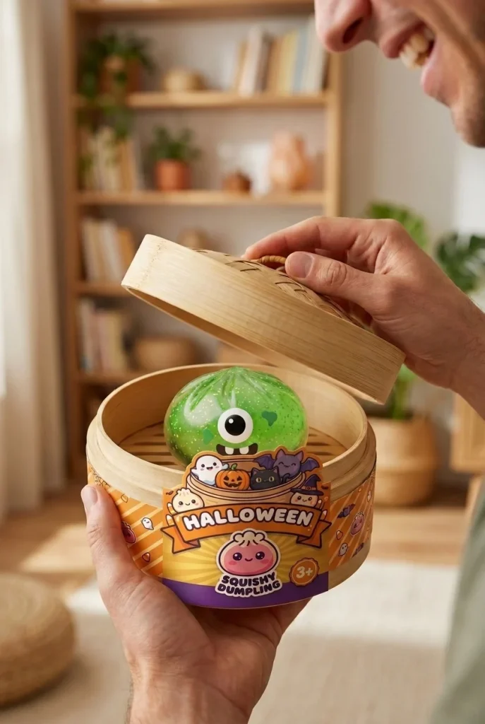 Squishy Dumpling Monster Halloween Zielony Brokat podczas rozpakowywania