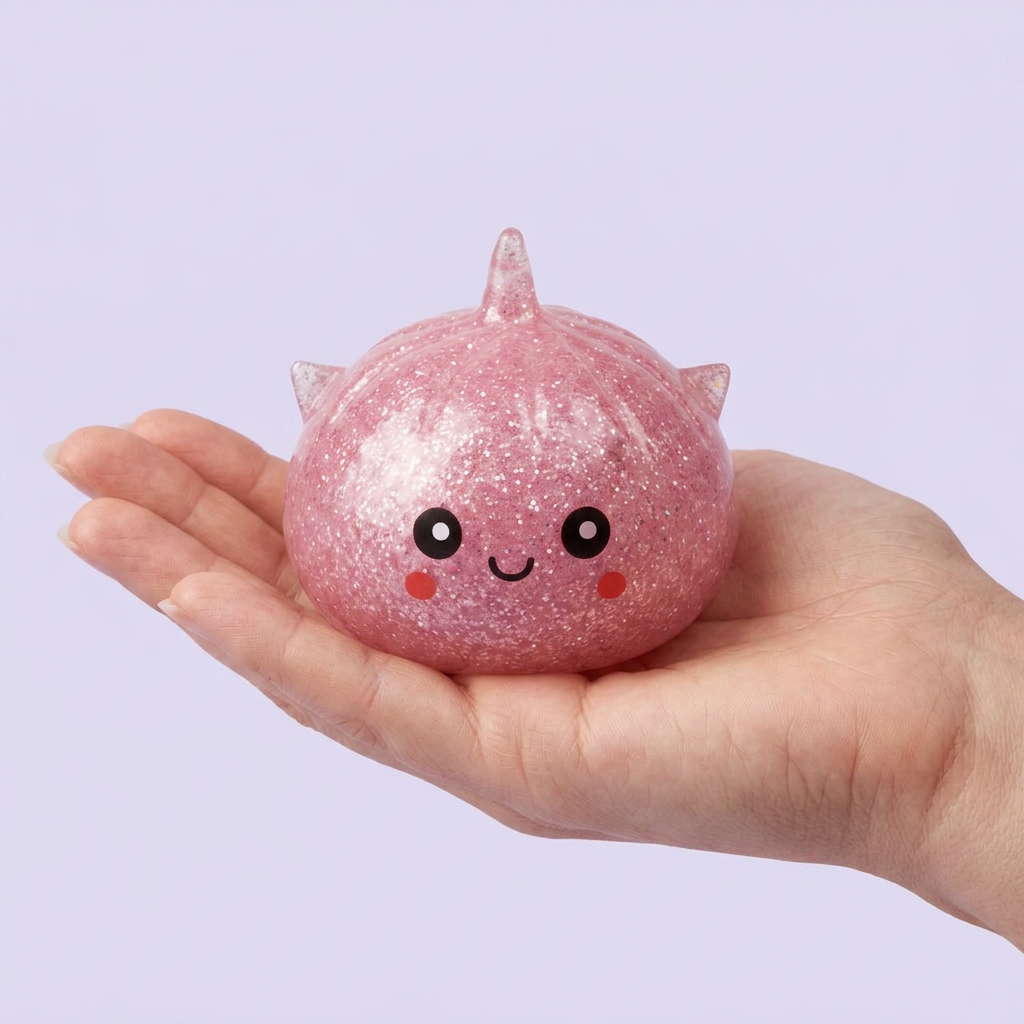 Dumpling Squishy Glitter Unicorn Niespodzianka w dłoni — porównanie rozmiaru