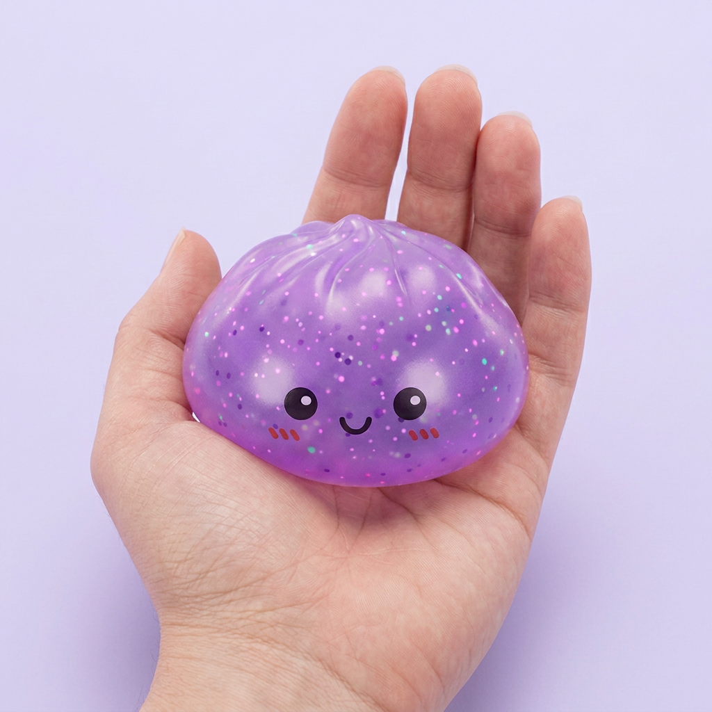 Dumpling Squishy Mystery Glow in the Dark Brokat w dłoni — porównanie rozmiaru