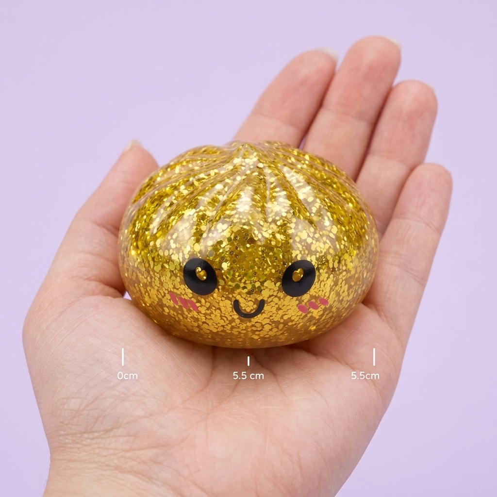 Squishy Dumpling Mystery Glitter Mini Set 3 szt. w dłoni — porównanie rozmiaru