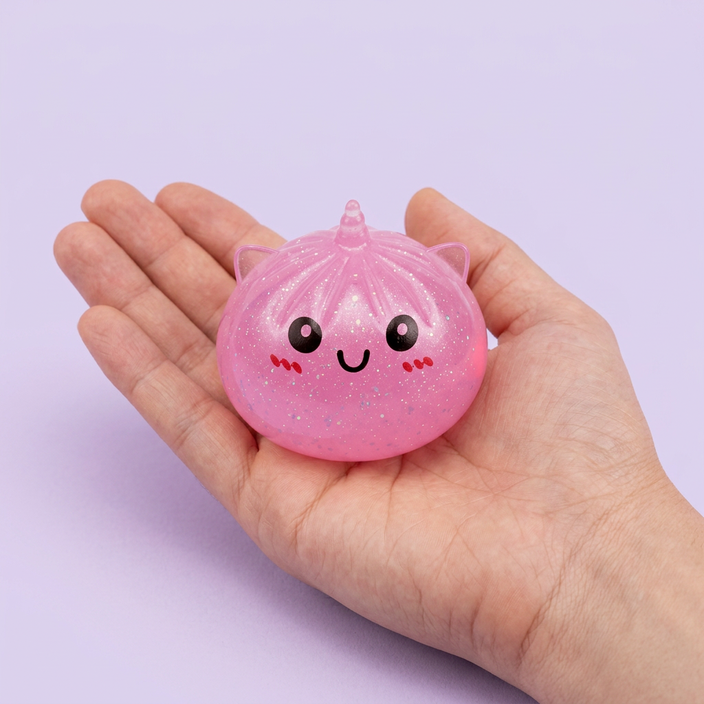 Dumpling Squishy Mystery Mini Jednorożec w dłoni — porównanie rozmiaru