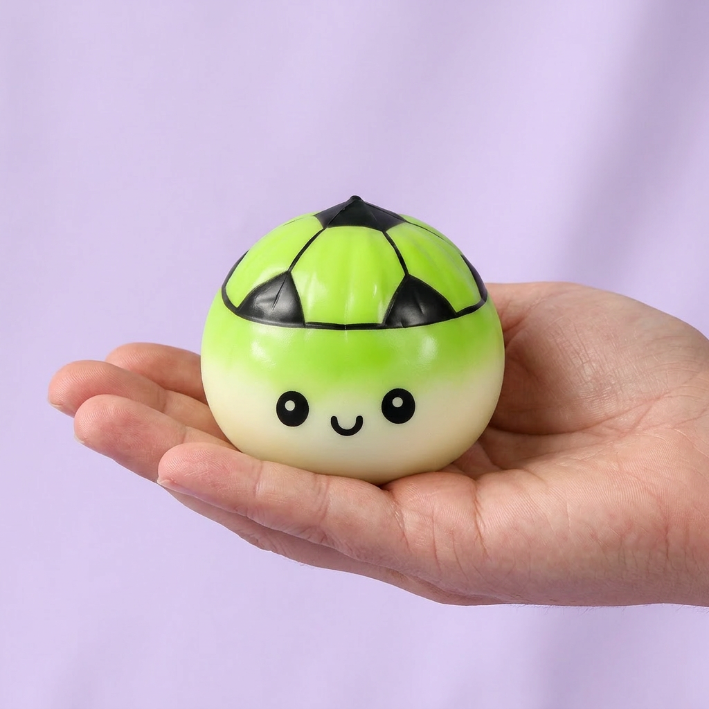 Mystery Dumpling Squishy Edycja Piłkarska w dłoni — porównanie rozmiaru