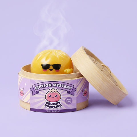 Mystery Dumpling Squishy w Okularach w bambusowym koszyku