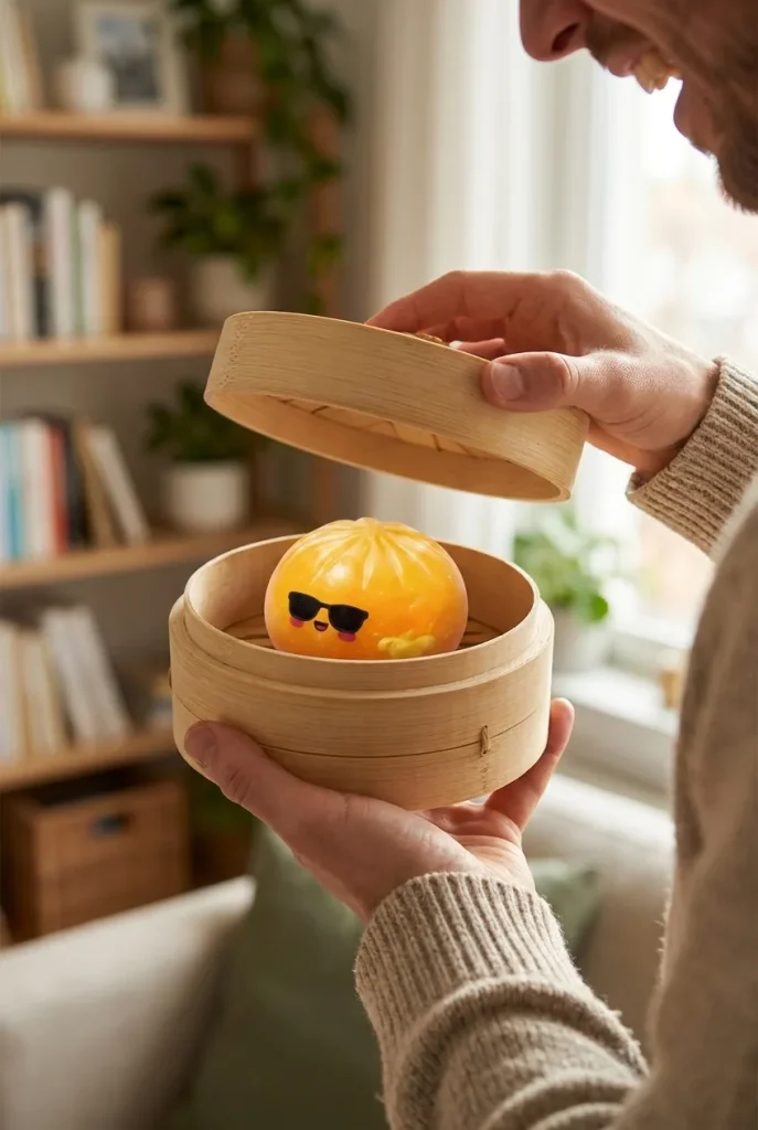 Mystery Dumpling Squishy w Okularach podczas rozpakowywania