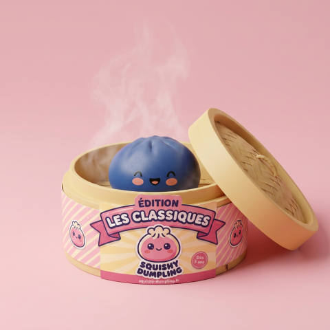 Dumpling Squishy Granatowy Nocna Głębia w bambusowym koszyku