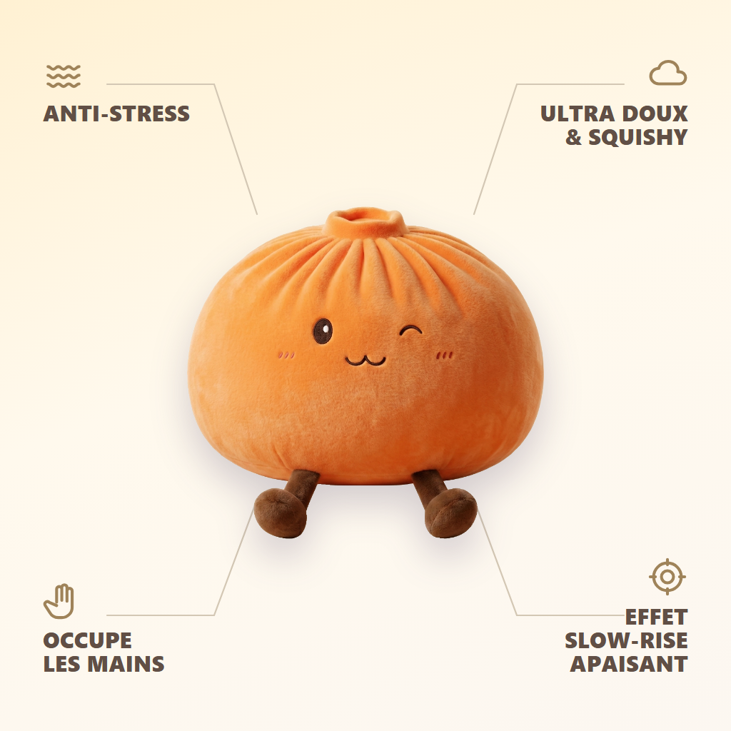 Giant Dumpling Squishy Pomarańczowy XXL infografika: najważniejsze zalety