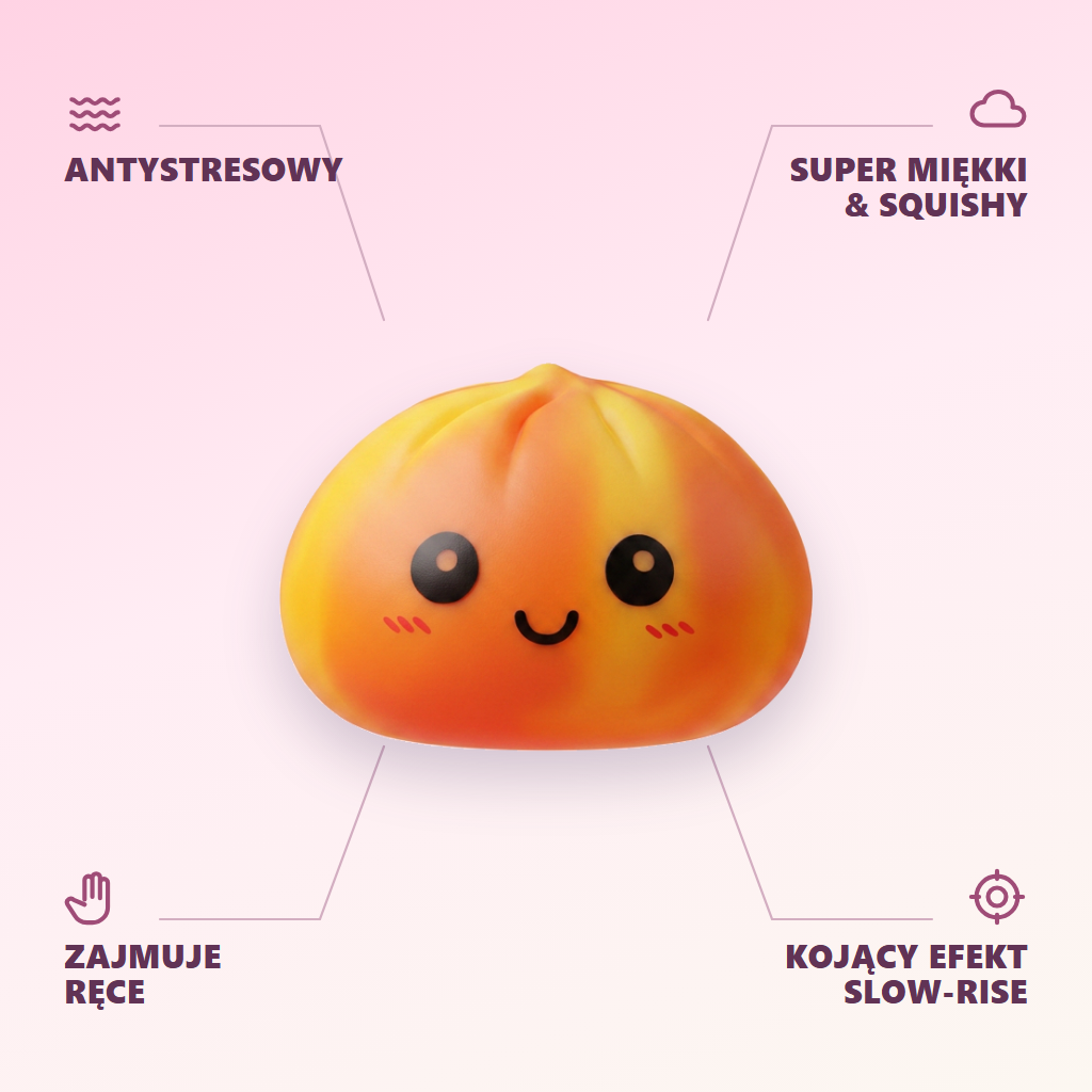 Squishy Dumpling Tie Dye Orange – Pomarańczowy Marmurek infografika: najważniejsze zalety
