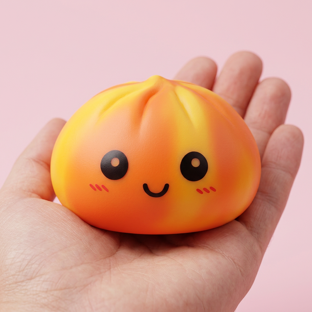 Squishy Dumpling Tie Dye Orange – Pomarańczowy Marmurek w dłoni — porównanie rozmiaru