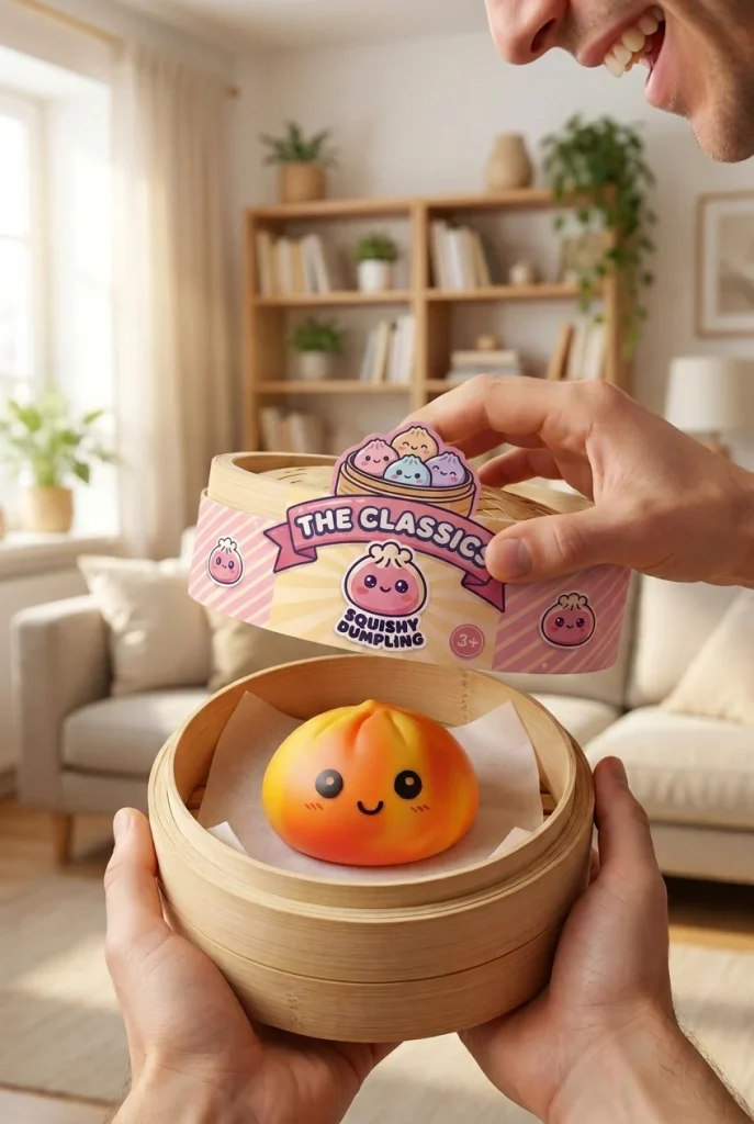 Squishy Dumpling Tie Dye Orange – Pomarańczowy Marmurek podczas rozpakowywania