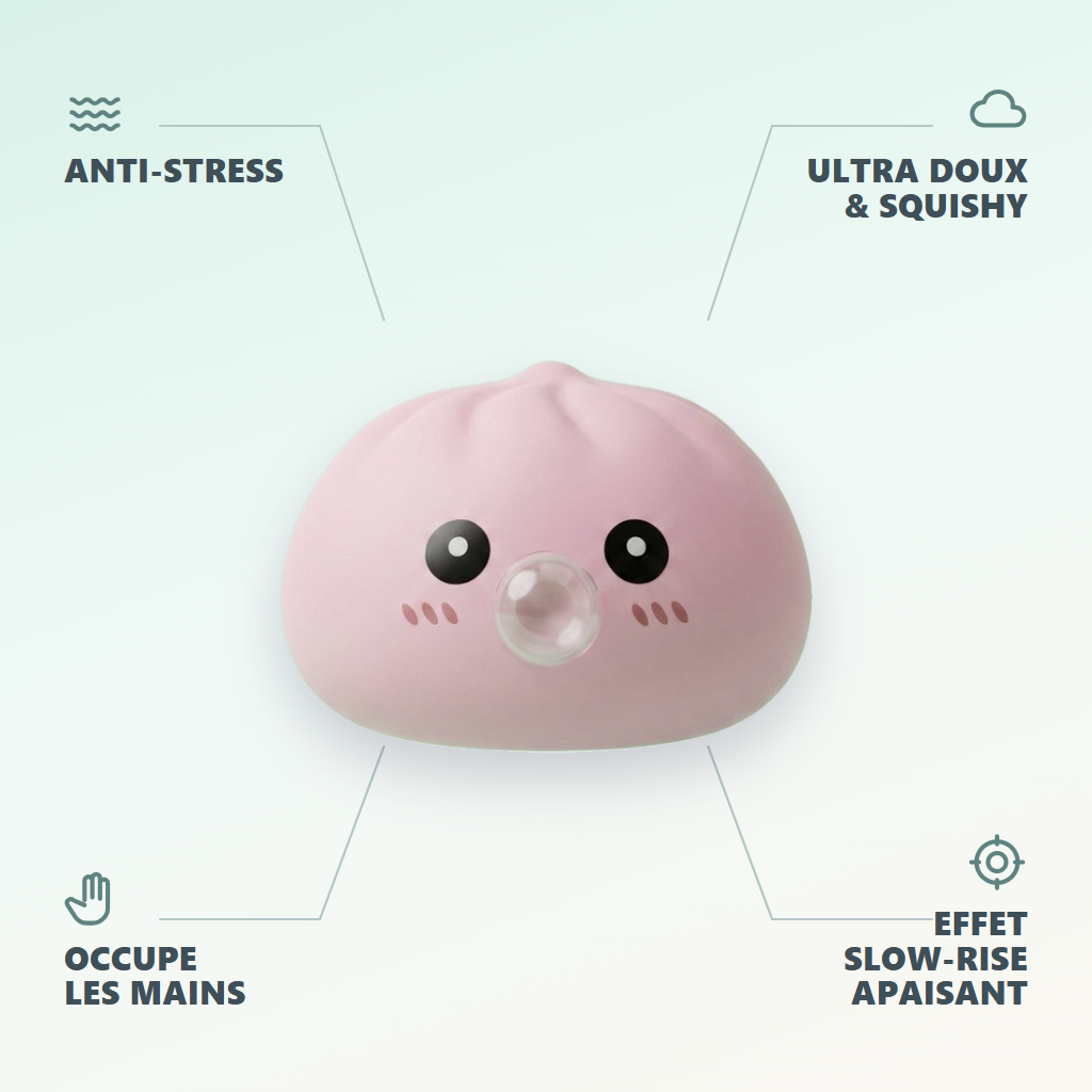 Dumpling Squishy Różowy Pufiasty infografika: najważniejsze zalety