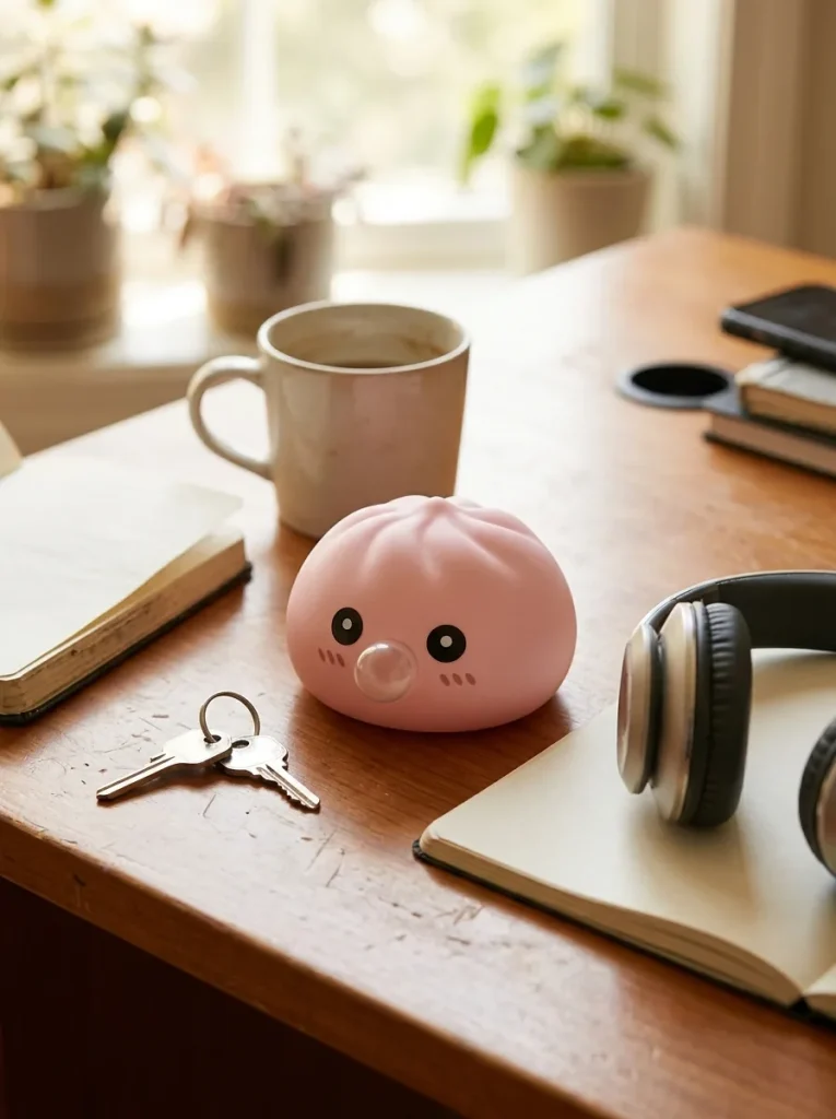 Dumpling Squishy Różowy Pufiasty na biurku