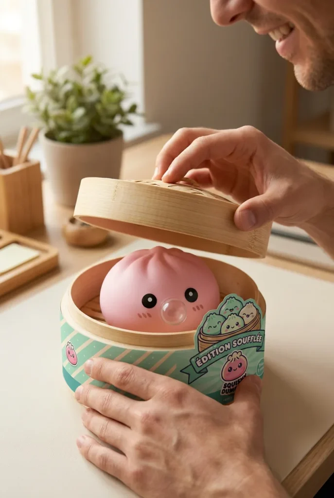 Dumpling Squishy Różowy Pufiasty podczas rozpakowywania