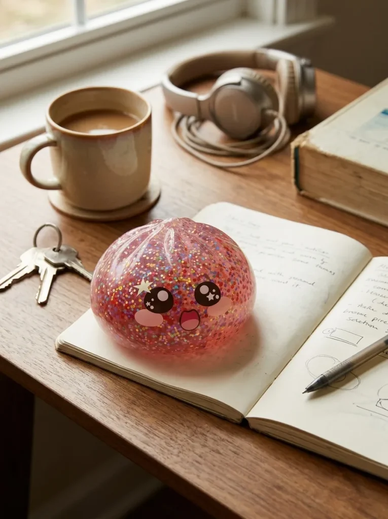 Galaxy Dumpling Squishy Różowa Galaktyka na biurku