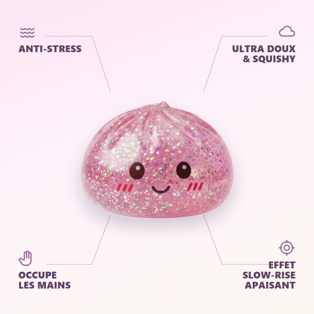 Glitter Dumpling Squishy Róż Kawaii infografika: najważniejsze zalety