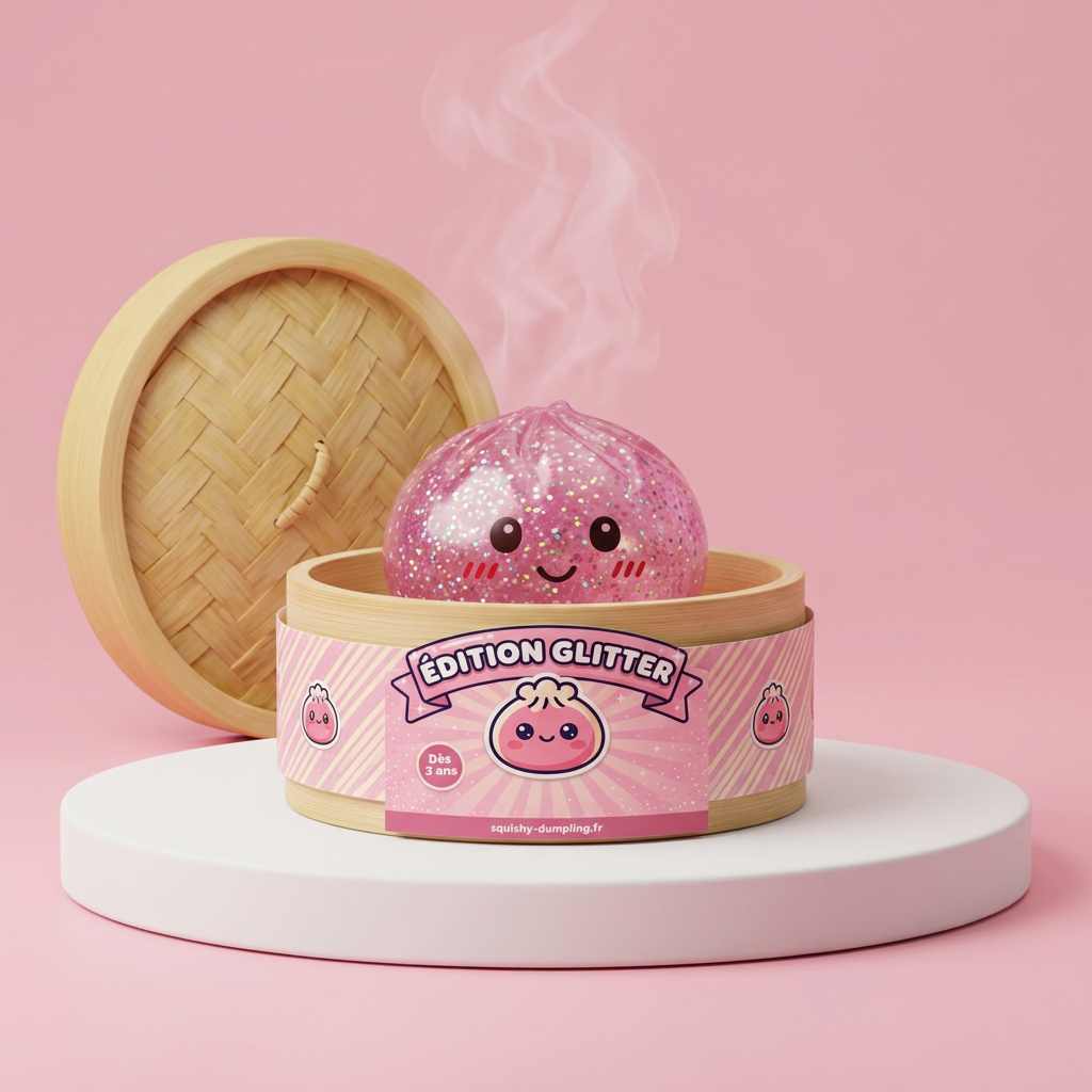 Glitter Dumpling Squishy Róż Kawaii w bambusowym koszyku