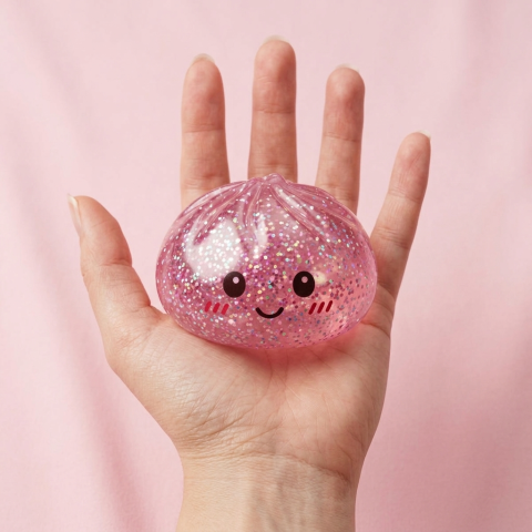 Glitter Dumpling Squishy Róż Kawaii w dłoni — porównanie rozmiaru