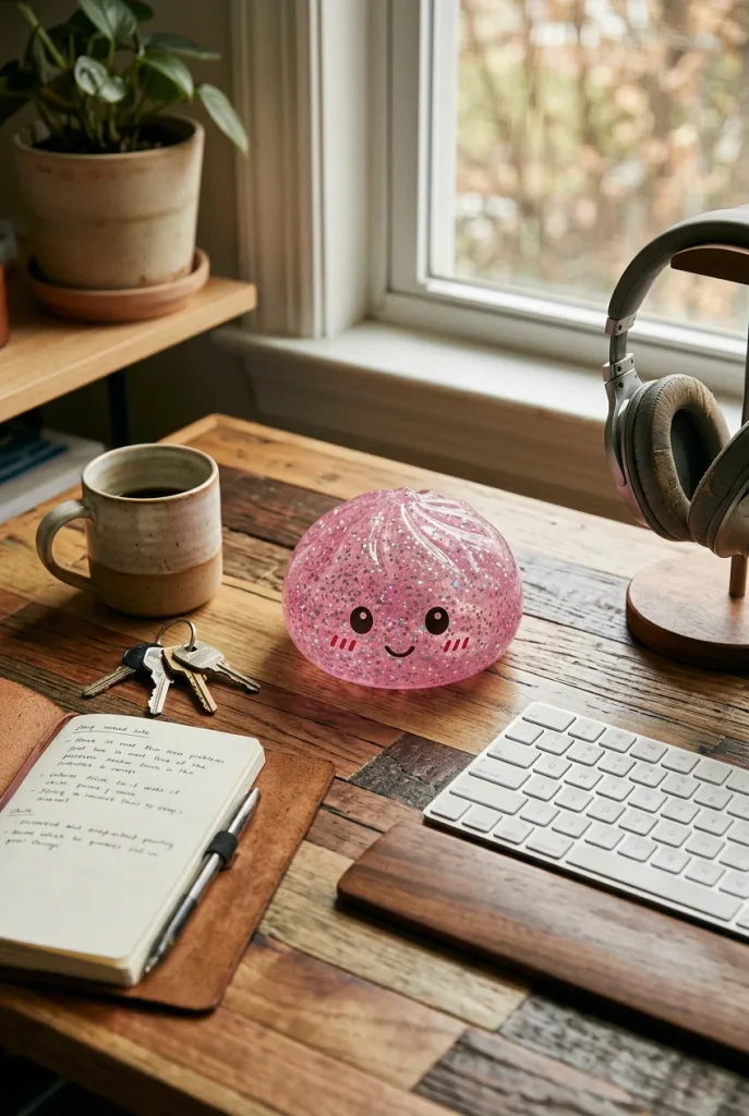 Glitter Dumpling Squishy Róż Kawaii na biurku