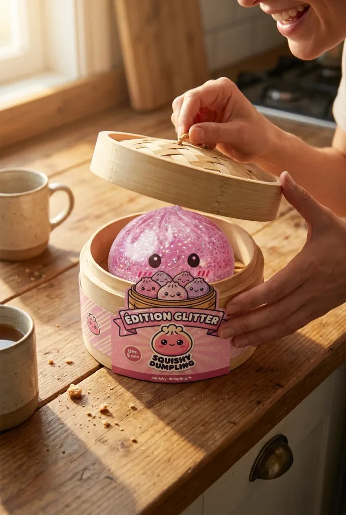 Glitter Dumpling Squishy Róż Kawaii podczas rozpakowywania