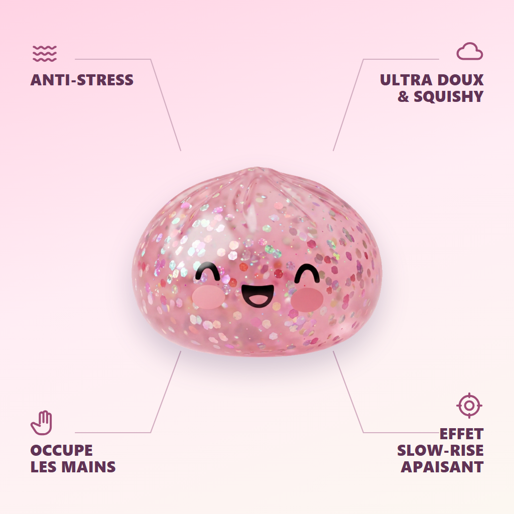 Dumpling Squishy Rose Sparkle Guma Balonowa infografika: najważniejsze zalety