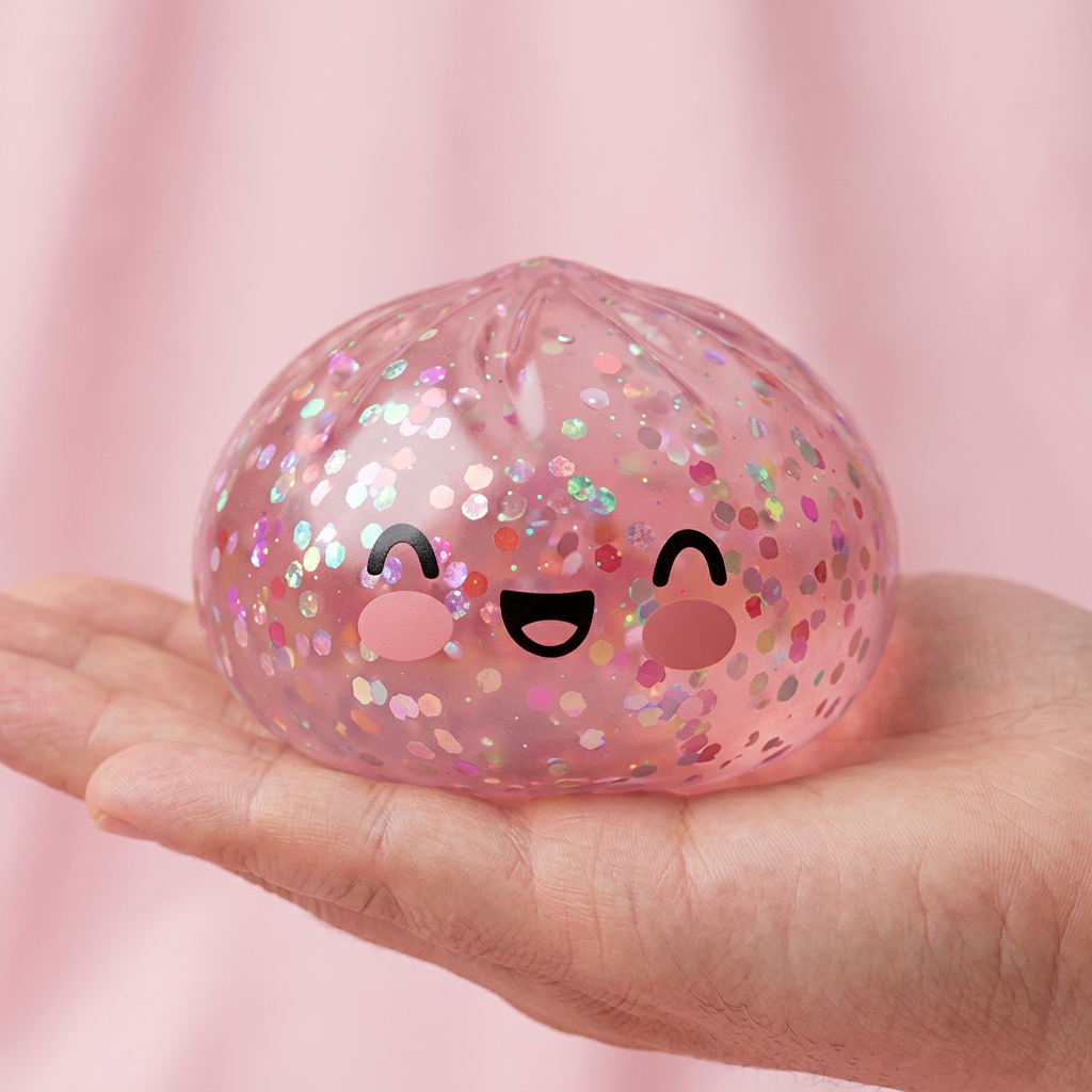 Dumpling Squishy Rose Sparkle Guma Balonowa w dłoni — porównanie rozmiaru