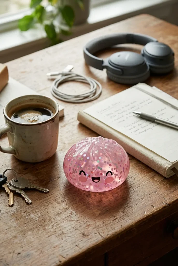 Dumpling Squishy Rose Sparkle Guma Balonowa na biurku