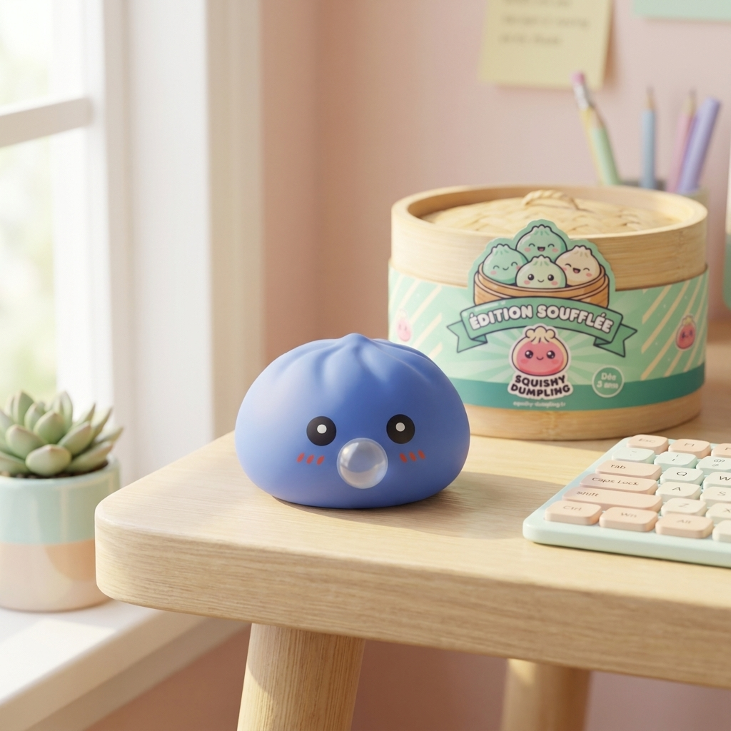 Dumpling Squishy Fioletowy Nadmuchany Pufiasty w codziennej aranżacji