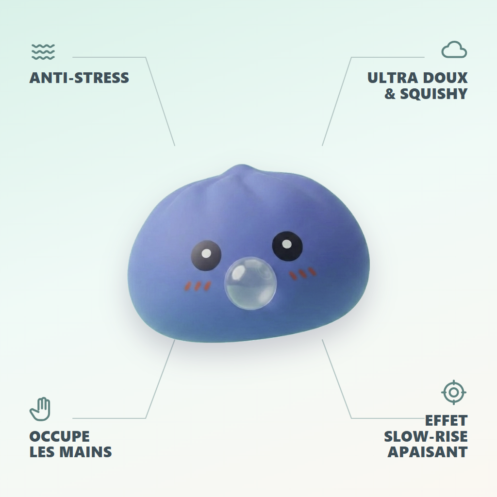 Dumpling Squishy Fioletowy Nadmuchany Pufiasty infografika: najważniejsze zalety